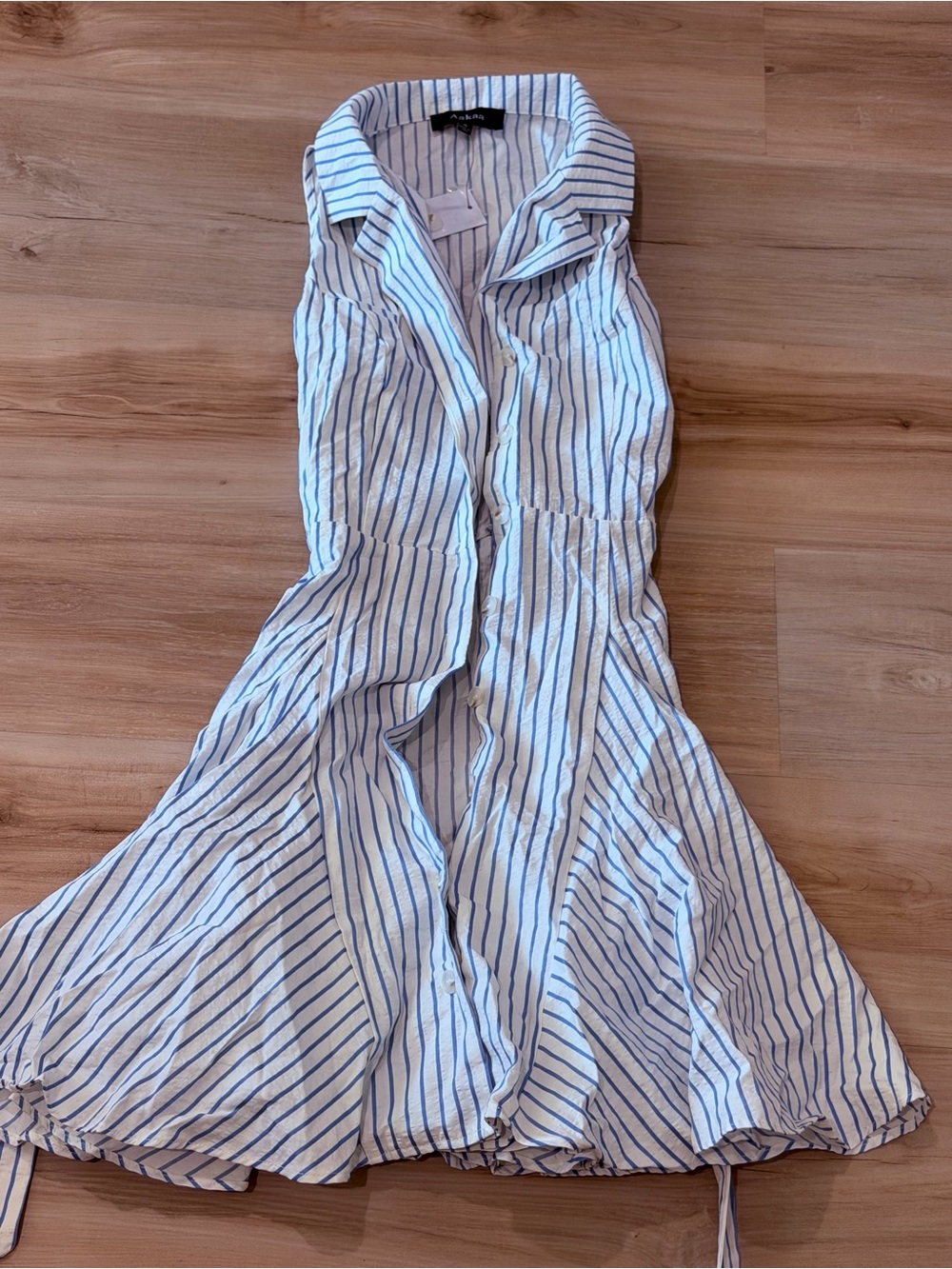 Aakaa White Dress with Blue Pinstripes - Sleeveless Midi Shirt Dress